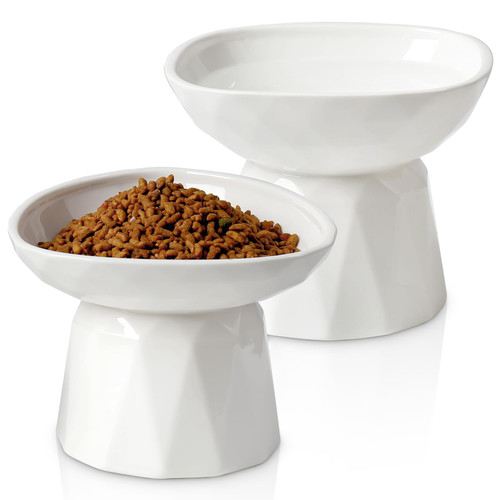Elevated Cat Bowls, Raised Cat Food Bowls, Ceramic Cat Bowls Elevated Tilted Whisker Friendly, Raised Cat Bowls for Food and Water Set of 2, White