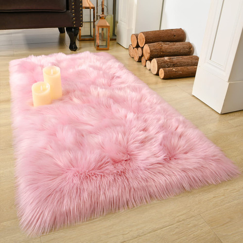 LOCHAS Soft Fluffy Pink Faux Fur Rugs for Bedroom Bedside Rug 2x4 Feet, Washable, Furry Sheepskin Area Rug for Living Room Girls Room, Luxury Shag Carpet Home Decor