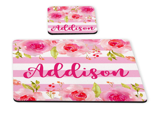 Pink Floral Modern Stripe 2 piece Personalized Desk Set with Rubber Coaster & Mouse Pad