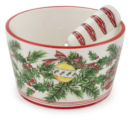 Boston International Holiday Ceramic Bowl and Stainless Steel Spreader, 4.75-Inches, Christmas Bells