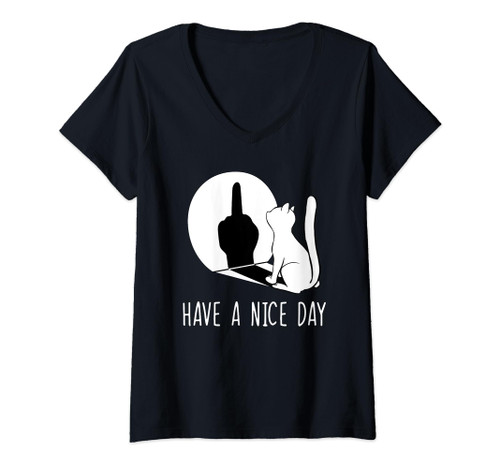 Funny Middle Finger Cat Sarcastic Cat Have A Nice Day V-Neck T-Shirt