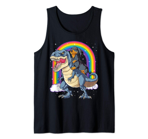 Dachshund Riding Dinosaur T rex Gifts Boys Kids Men Rainbow Tank Top
