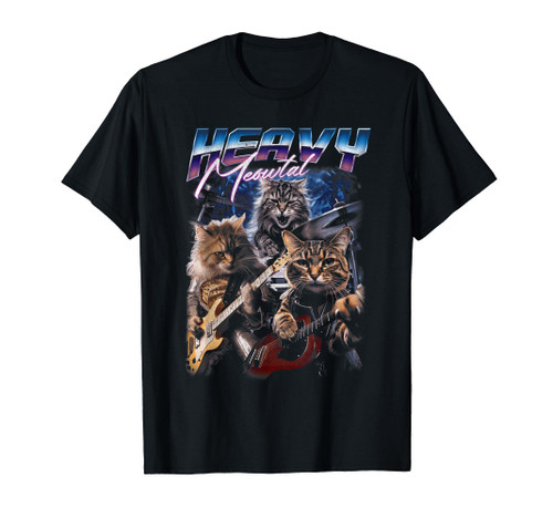 Heavy Meowtal Distressed Rock Cat Playing Guitar Music Bands T-Shirt