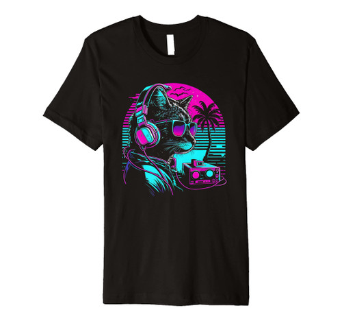 House DJ Cat 80s 90s Kitten Sunset Rainbow DJ Cat Kitty Premium T-Shirt