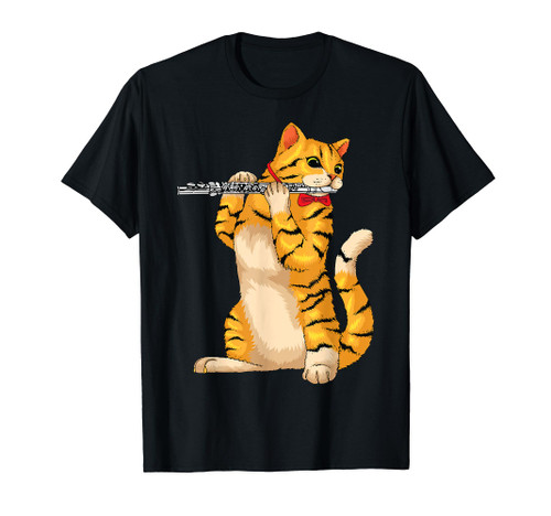Funny Cat Playing Flute | Cool Animal Musician Fluter Gift T-Shirt