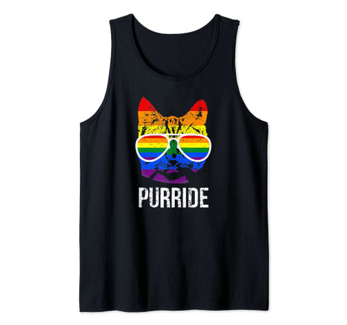 PURRIDE Funny Cat Gay Lesbian Pride Pun LGBTQ Rainbow Flag Tank Top