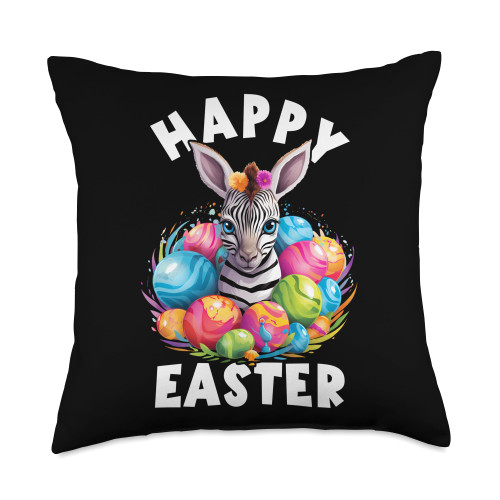 Happy Easter Zebra Egg Basket Easter Spring Egg Hunting Throw Pillow