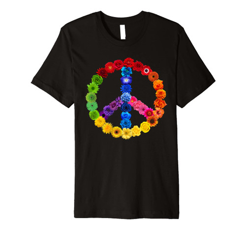 Peace Sign Rainbow Flowers Retro Love 70s 60s Hippie Gift Premium T-Shirt