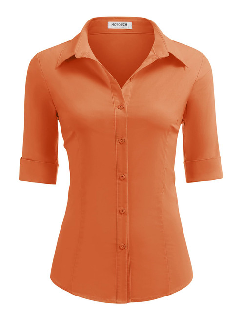 HOTOUCH 3/4 Sleeve Button Up Shirts for Women Stretch Fitted Button Down Shirt Business Work Blouse (Orange M)