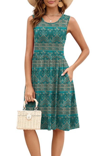 DB MOON Womens Sleeveless Dresses with Pockets Summer Casual Knee Length Sundress (Blue Khaki, XL)