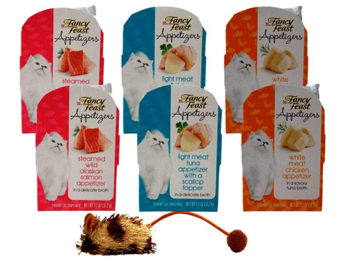 Fancy Feast Appetizers Gourmet Cat Complement 3 Flavor Variety 6 Can with Catnip Mouse Bundle, 2 Each: Wild Alaskan Salmon, Tuna Scallop, White Meat Chicken (1.1 Ounces)