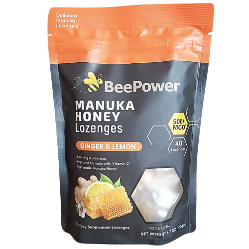 BeePower All Natural Manuka Honey Lozenges | Contains 40 Lozenges 6.7 Oz MGO 500+, (Ginger Lemon Flavor)