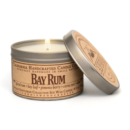 California Handcrafted Bay Rum Scented Soy Wax Travel Candle - Eco-Friendly Handcrafted Aroma for Home Decor, Spiced Rum, Bay Leaf, Pimento Berry & Clove Scent in Travel Tin, Masculine & Classic