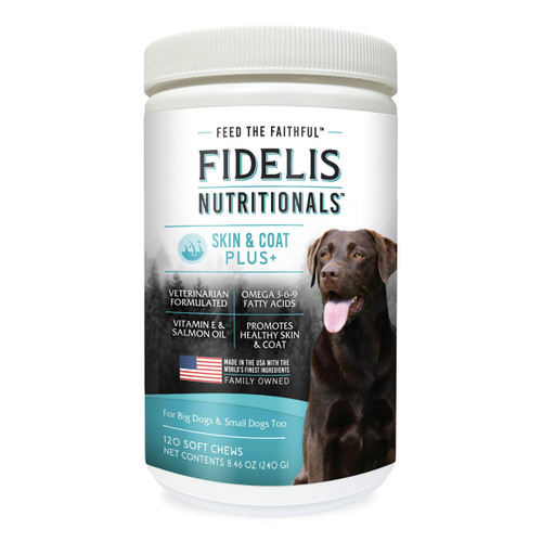 FIDELIS Skin and Coat Supplement for Dogs (120 Vitamin Soft Chews), Made in USA, Vitamin E & Salmon Oil, Omega 3-6-9 Fatty Acids, Healthy Skin and Lustrous Coat, Veterinarian Formulated