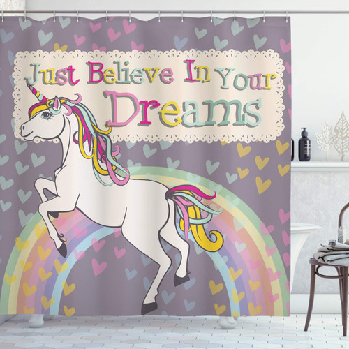 Ambesonne Feminine Shower Curtain, Unicorn Believe in Your Dreams Words Illustration, Cloth Fabric Bathroom Decor Set with Hooks, 69" W x 84" L, Beige and Lilac