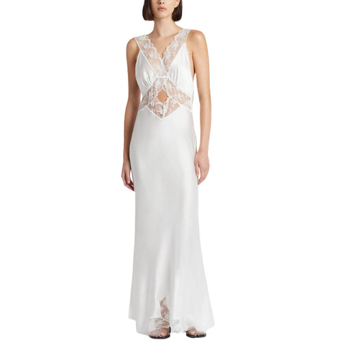 Women Lace Edge Satin Maxi Dress Sleeveless Deep V-Neck Tie up Backless Bodycon Dress Sexy Dress for Evening Party (White-B, S) Women Lace Edge Satin Maxi Dress Sleeveless Deep V-Neck Tie up Backless Bodycon Dress Sexy Dress for Evening Party (White-B, S)