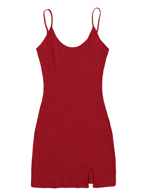 Floerns Women's Casual Solid Sleeveless Cami Split Hem Ribbed Knit Bodycon Mini Dress Red XS