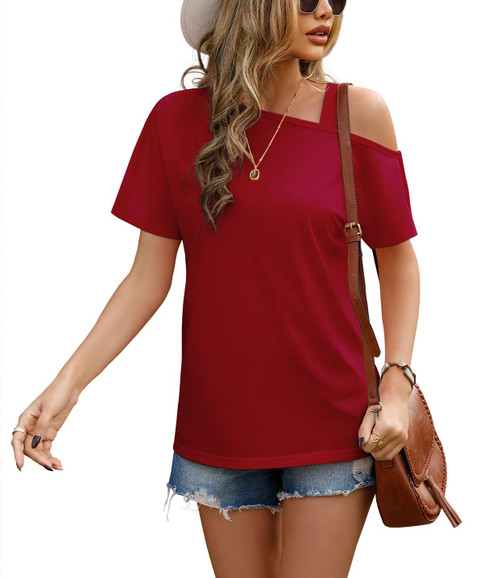 JINKESI Women's Short Sleeve Tunic Tops Casual Summer Cold Shoulder Blouse Shirts Wine Red-Large JINKESI Women's Short Sleeve Tunic Tops Casual Summer Cold Shoulder Blouse Shirts Wine Red-Large