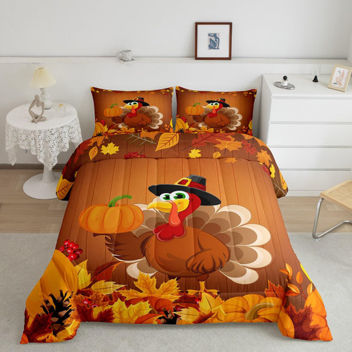Turkey Comforter Full Size, Happy Thanksgiving Comforter Set for Kids Toddler Rustic Farmhouse Comforter Set Fall Harvest Duvet Set Room Decor Durable Quilt Set