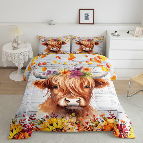 Feelyou Fall Leaves Comforter Set Full, Highland Cow Autumn Fall Comforter Set Harvest Season Comforter for Kids Boys Girls Teens Autumn Sunflower Duvet Set Maple Room Decor Lightweight Quilt Set