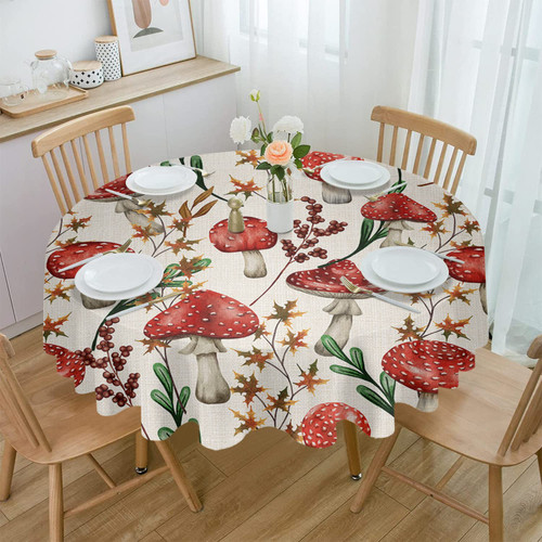 Mushroom Round Tablecloth 60 Inch - Waterproof Fabric Table Cloth Protector, Farmhouse Vegetables Teal Botanical Burlap Tablecloths Washable Table Cover for Kitchen Banquet Coffee Table Outdoor Party