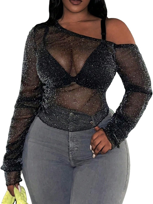 SOLY HUX Women's Plus Size T Shirts Glitter Mesh Sheer Tee Off Shoulder Long Sleeve Tops Pure Black 2XL SOLY HUX Women's Plus Size T Shirts Glitter Mesh Sheer Tee Off Shoulder Long Sleeve Tops Pure Black 2XL