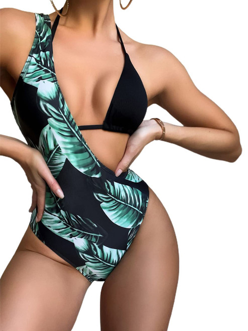 Hilinker Women's 3 Piece Swimsuits Ribbed Bikini Set with Tropical One Shoulder Bathing Suit Black Leaf X-Large