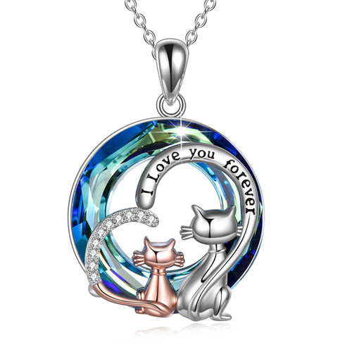 POTOPYY S925 Silver Lovely Cat Necklace Animal Charm Crystal Pendant Mom Necklace for Women Cat Lover