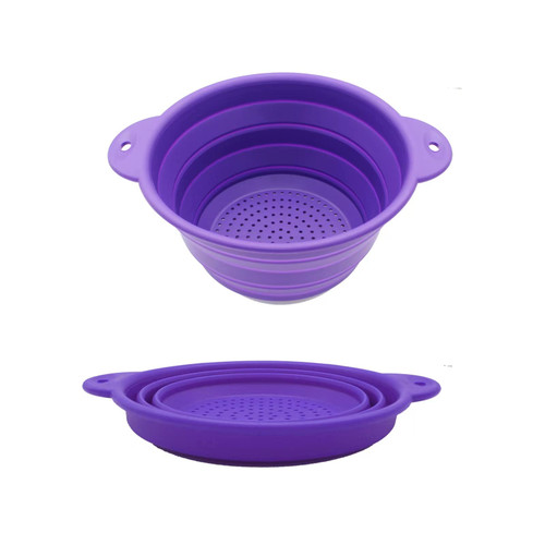 BYDUOU Collapsible Colander Food-Grade Silicone Kitchen Strainers Dishwasher Safe Foldable Strainer with Plastic Handles Perfect for Draining Pasta Vegetables and Fruits (Purple)