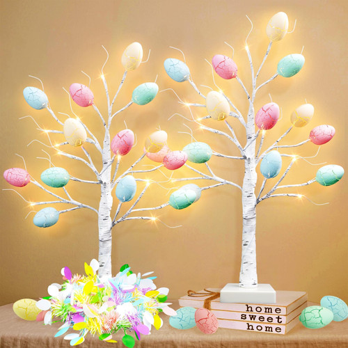 obbsie 2PK Easter Decorations, 24in Lighted Easter Egg Tree with Easter Ornaments Tinsel 24LED Prelit White Birch Tree with Lights Battery Operated Timer Easter Table Centerpiece for Home Spring Decor