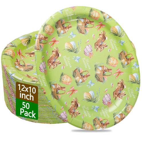 WDF 50Pack Easter Plates Oval Paper Plates - 10" x 12" Bunny Plates for Party Supplies Easter Rabbits Large Disposable Platter for Easter Serving Tray Baby Shower Birthday