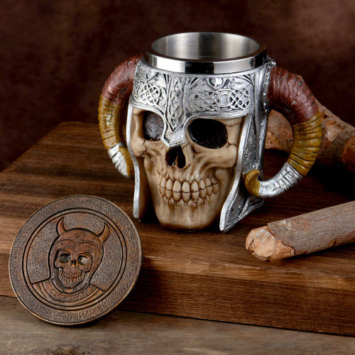 Stainless Steel Viking Skull Mug+Coaster,Double Handle Horn Skull Beer Mug Tankard, Medieval Skull Drinkware Mug for Coffee/Beverage/Juice17oz.