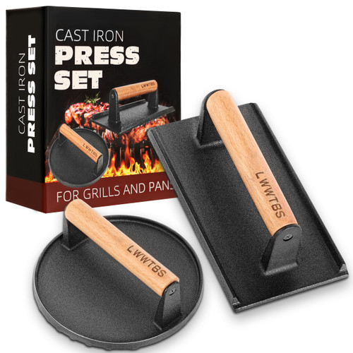 LWWTBS Burger Press Heavy-Duty Cast Iron Smashed Meat Steak Weight Grill Griddle Press (7" Round & 8.2"X4.3" Rectangle) with Wood Handle for Blackstone Griddle LWWTBS Burger Press Heavy-Duty Cast Iron Smashed Meat Steak Weight Grill Griddle Press (7" Round & 8.2"X4.3" Rectangle) with Wood Handle for Blackstone Griddle