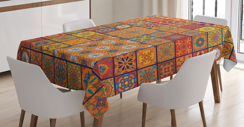 Ambesonne Moroccan Tablecloth, Group of Moroccan Geometric Patterns Floral Ornamental Patchwork Print, Dining Room Kitchen Rectangular Table Cover, 60" X 84", Marigold Orange