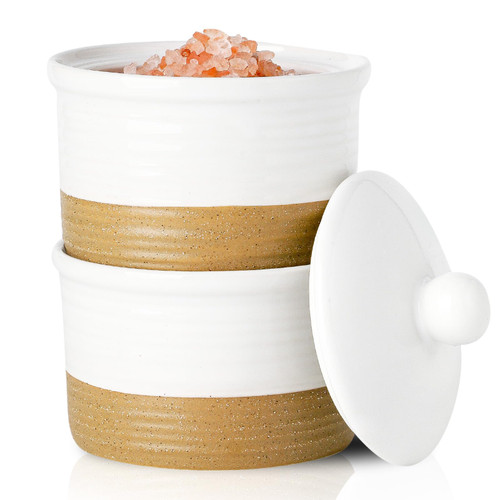 Hasense Salt Cellar, Ceramic Salt and Pepper Bowls, 9 oz Stackable Salt Pepper Container with Lid, Farmhouse White Spice Bowls for Sugar, Salt, Paprika and More, Kitchen Decor, Set of 2