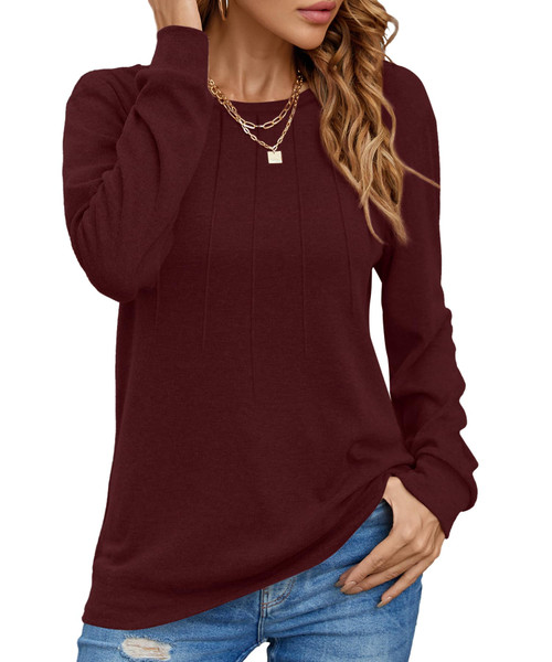 YSYOKOW Women Long Sleeve Shirts Casual Tops Dressy Blouses Fashion Pleated Tunic(Wine Red, X-Large)