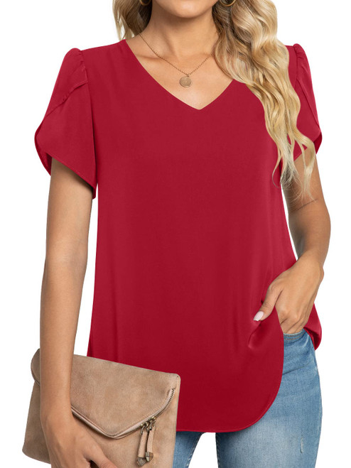 TAOHUADAO Womens 2024 Summer Casual T-Shirts V Neck Petal Short Sleeve Chiffon Tops Loose Comfy Blouse 2X-Large, Red