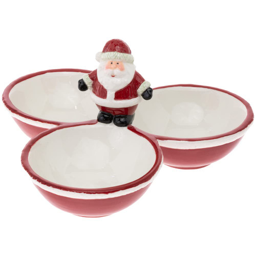 Boston International Ceramic Tri-Part Serving Bowl Christmas Winter Holiday, 8 x 8-Inches, Jolly Santa