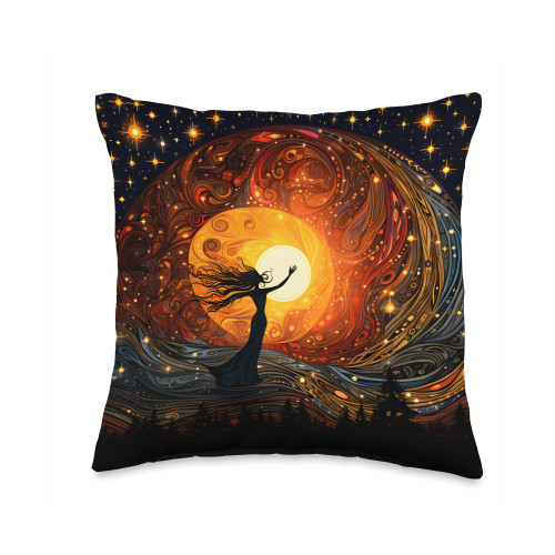 Enchanted Hollow Sun Moon Dance Stars Witch Wiccan Halloween Vibes Throw Pillow, 16x16, Multicolor