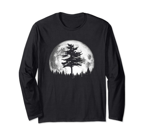 Retro Full Moon & Minimalist Pine Tree Vintage Graphic Long Sleeve T-Shirt