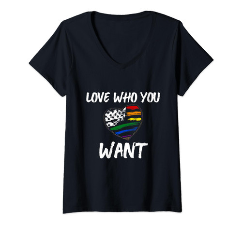 Womens LGBT LGBTQ Love Who You Want Rainbow Heart Flag Pride Month V-Neck T-Shirt