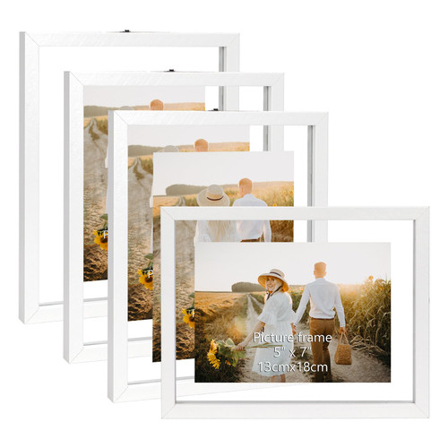 WIFTREY 5x7 Floating Picture Frames Set of 4, White Rustic Picture Frame 5 x 7 for Wall Hanging, Double Glass Family Photo Frame Float Display any Size up to 7x9