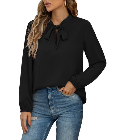 CZYINXIAN Womens Blouses and Tops Dressy Bow Tie Neck Long Sleeve Casual Office Blouse Top(Black,Large)