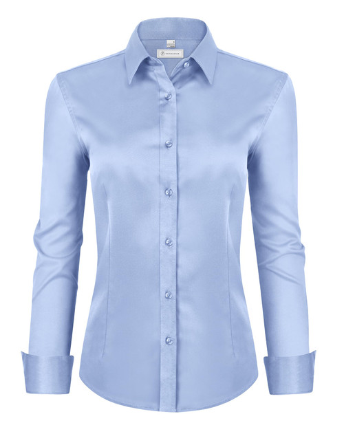 siliteelon Womens Classic-Fit Dress Shirts Long Sleeve Button Down Wrinkle-Free Stretch Solid Casual Work Office Blouse Top Blue Medium