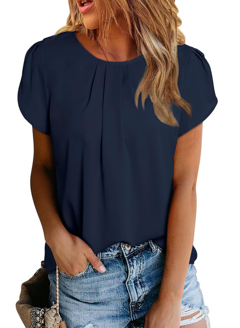 Dokotoo Womens Ladies Plus Size Summer Short Sleeve Tops and Blouses Casual Crew Neck Solid Loose Fit Casual Chiffon Blouse Tshirts for Women 2024 Fashion Plain Tops Navy Blue XXL