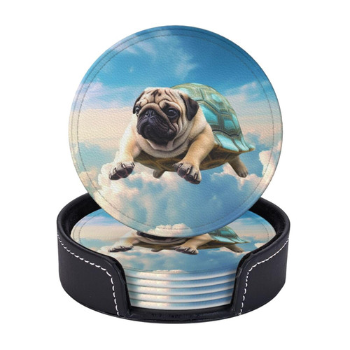 Round Coasters for Drinks Set of 6, PU Leather Coasters with Holder, 4" Drink Coasters for Coffee Table, Funny Turtle Pug Dog in The Sky Cup Coaster Set for Home Decor Tabletop Protection