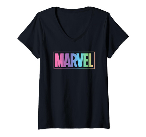 Womens Marvel Logo Pastel Rainbow V-Neck T-Shirt