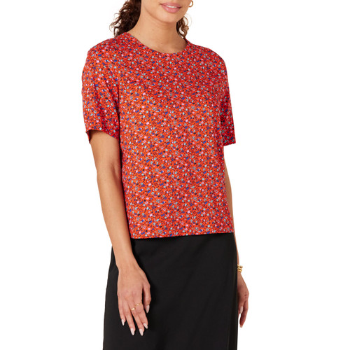 Amazon Essentials Women's Regular-Fit Georgette Short Sleeve Top, Tomato Red Ditsy Floral, Large