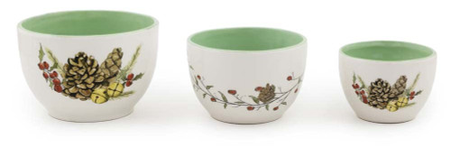 Boston International Holiday Ceramic Nesting Prep Bowls, 3 Sizes, Pinecones & Bells