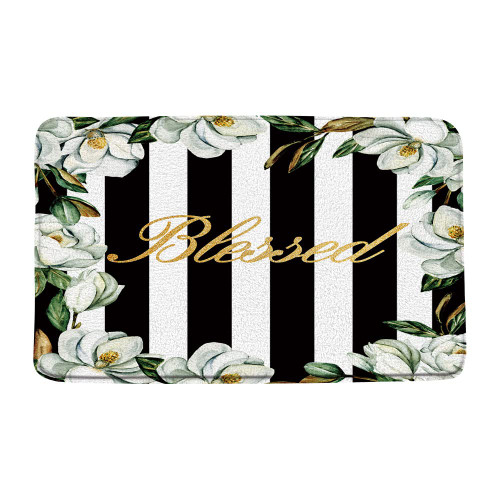 WZFashion Magnolia Blessed Bath Mat,Black and White Stripes Inspirational Quote Creative Tropical Palm Leaves Summer Art Vintage Bath Floor Rug,Absorbent Doormat Bedroom Rug Kitchen Toilet